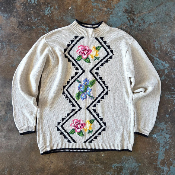 Lizwear Sweaters - Vintage 90s Cottagecore Sweater Size M Floral Cotton Linen Blend Tan Coquette